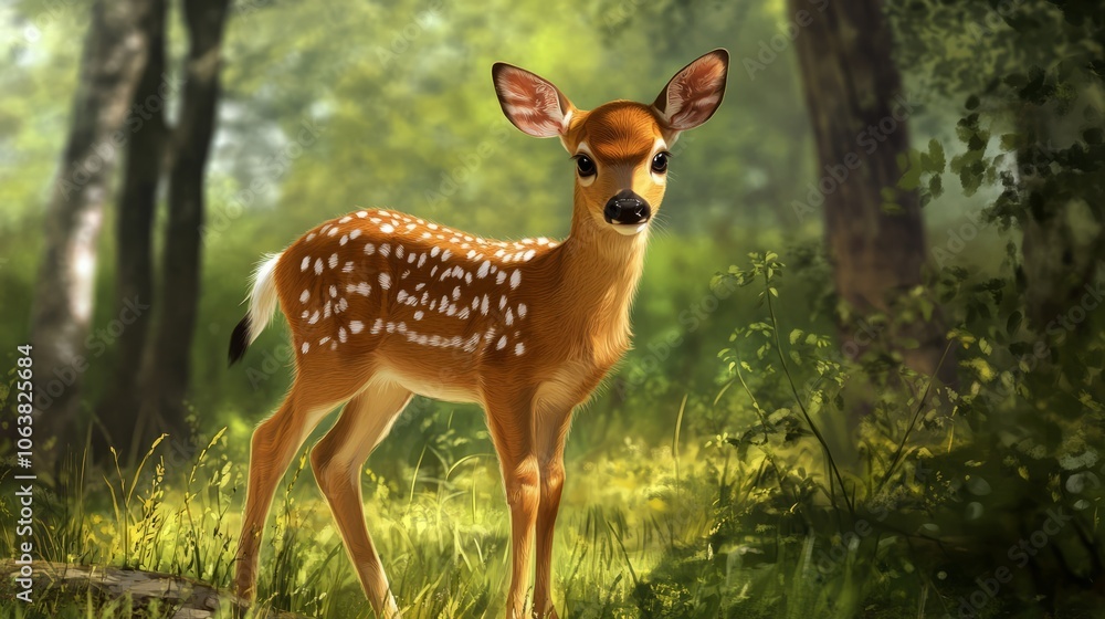 Dainty Fawn: A young deer with big, gentle eyes and spotted fur, standing in a peaceful forest clearing. Dainty Fawn: A young deer with big, gentle eyes and spotted fur, standing in a peaceful forest clearing.