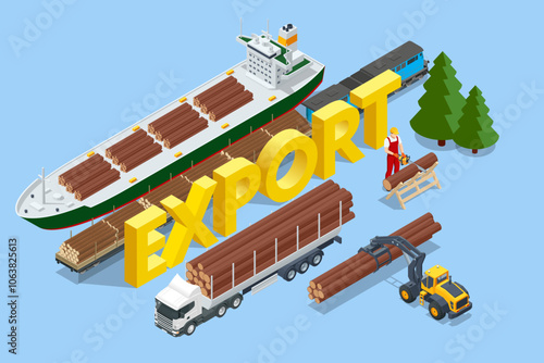 Isometric Exporting Wood. Global logistics network. Rail freight wood, cargo ship is being loaded with logs, Truck with trailer loaded with tree trunks