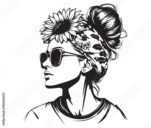 Girl with sunglasses, Vector woman face Curly hairstyle, Woman fashion icon