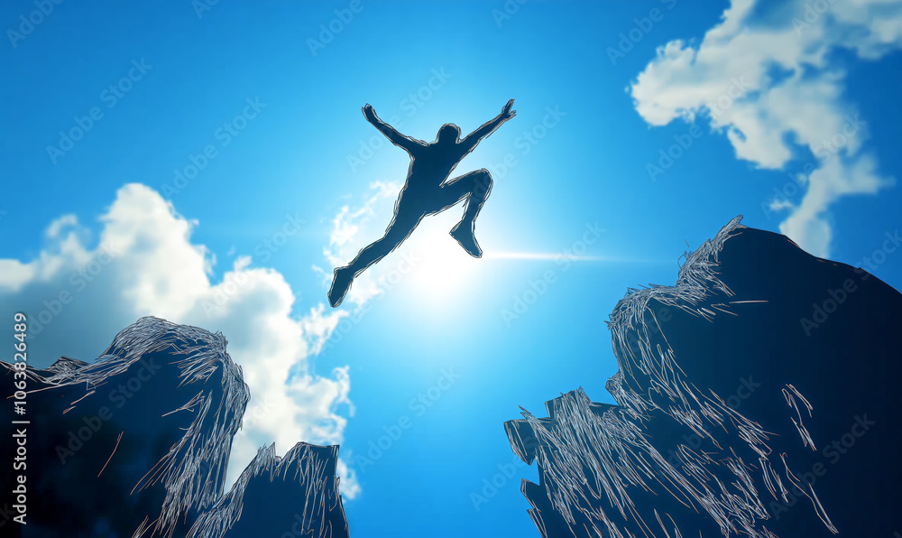 Silhouette of a person leaping across a chasm against a bright blue sky, symbolizing courage, taking risks, and achieving success Silhouette of a person leaping across a chasm against a bright blue sky, symbolizing courage, taking risks, and achieving success
