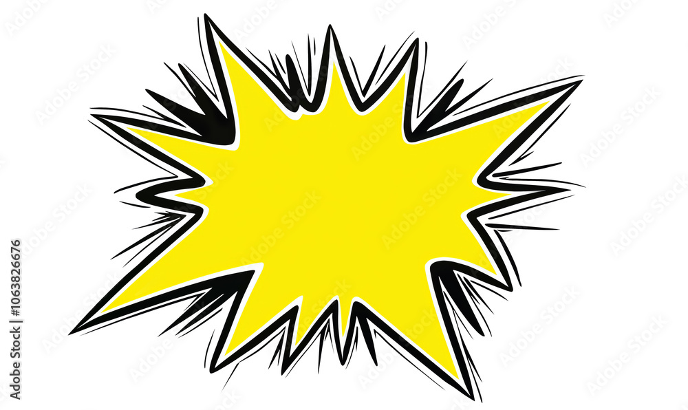 Comic-style yellow explosion burst with sharp black outline, ideal for use in pop art, advertising, or playful design elements with ample copy space Comic-style yellow explosion burst with sharp black outline, ideal for use in pop art, advertising, or playful design elements with ample copy space
