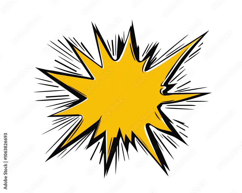 Yellow comic-style explosion burst with bold black outline, designed for graphic and pop art concepts, featuring sharp dynamic lines and ample copy space Yellow comic-style explosion burst with bold black outline, designed for graphic and pop art concepts, featuring sharp dynamic lines and ample copy space