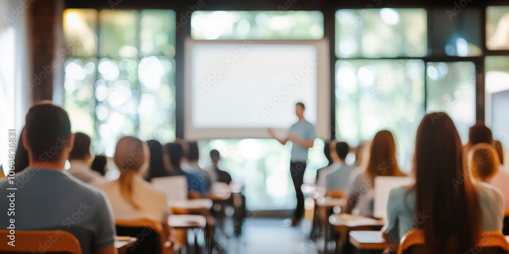 Blurred classroom or seminar setting with a speaker in the background, presenting to a diverse audience in a bright, naturally lit space Blurred classroom or seminar setting with a speaker in the background, presenting to a diverse audience in a bright, naturally lit space