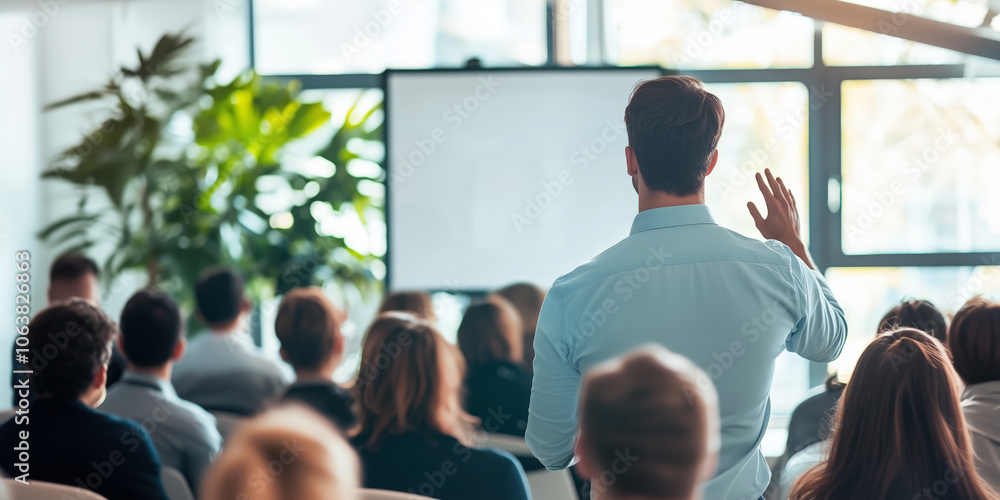 Speaker giving a presentation in a conference room with greenery, bright natural light, and blurred audience, emphasizing a sustainable work environment Speaker giving a presentation in a conference room with greenery, bright natural light, and blurred audience, emphasizing a sustainable work environment