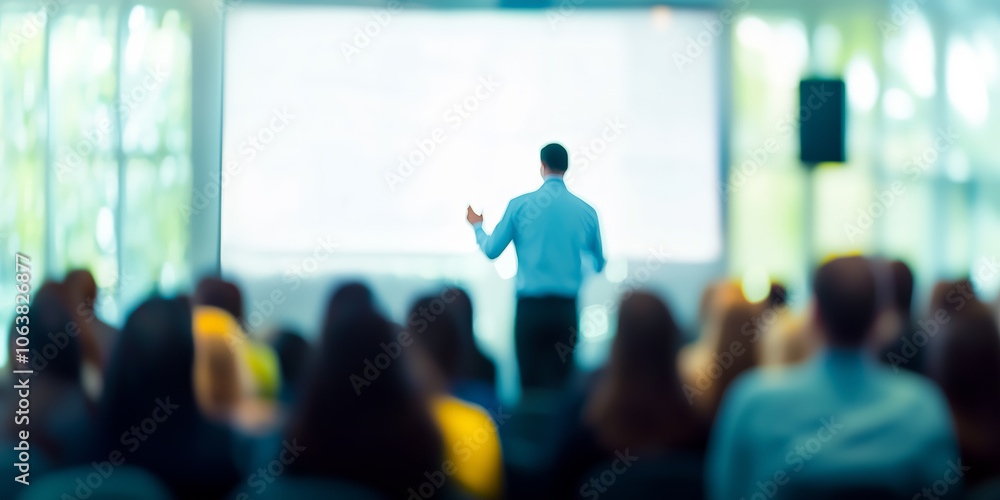 Blurred image of a speaker presenting to an audience in a bright conference room, ideal for illustrating corporate training or seminar atmosphere Blurred image of a speaker presenting to an audience in a bright conference room, ideal for illustrating corporate training or seminar atmosphere