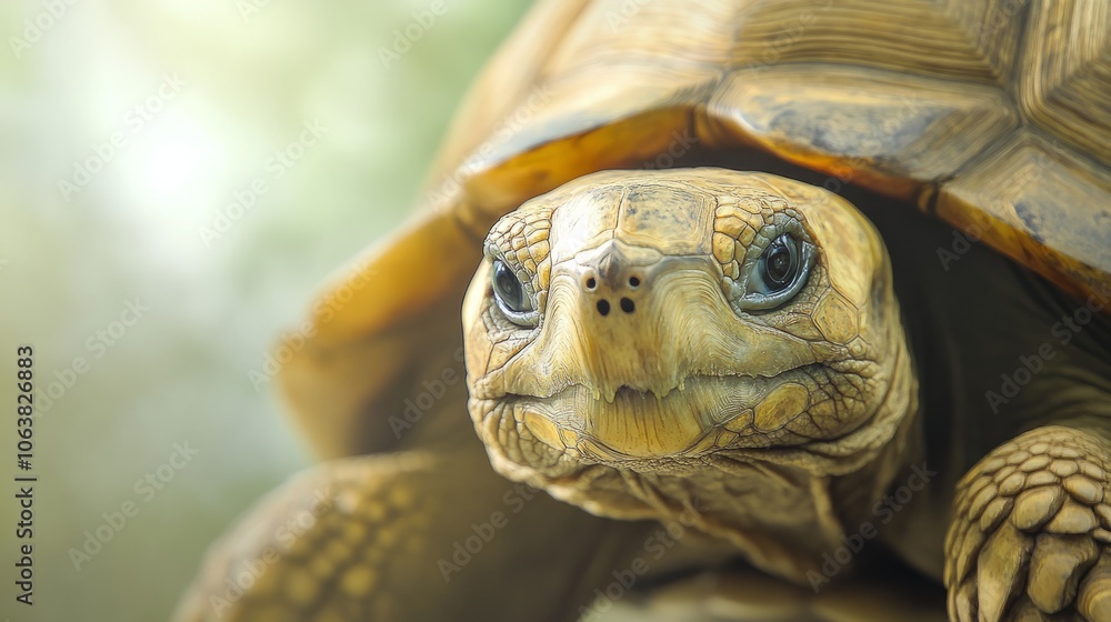 Obraz premium Gentle Tortoise: A close-up of a tortoise with a kind expression, slowly moving across a smooth, light background