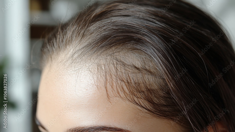 A woman examines her thinning hairline in a bright indoor setting, reflecting on her hair care journey and the importance of self-esteem. A woman examines her thinning hairline in a bright indoor setting, reflecting on her hair care journey and the importance of self-esteem.
