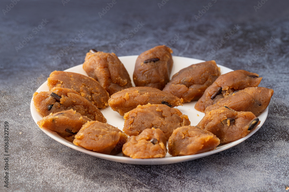 Turkish traditional homemade pine peanut flour halva, Turkish dessert.