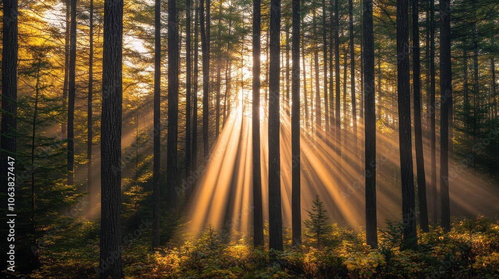 Fototapeta premium A serene forest scene with sunlight streaming through tall trees, creating a peaceful atmosphere.