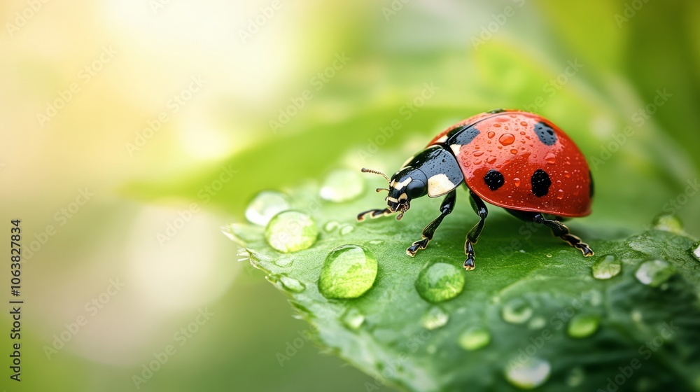 Fototapeta premium Ladybug on a fresh green leaf, with a clean blurred background 