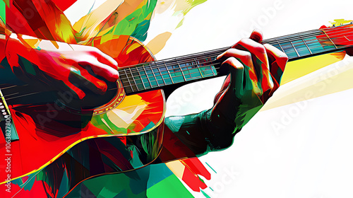 Close-up of a hand playing an acoustic guitar with colorful abstract background.