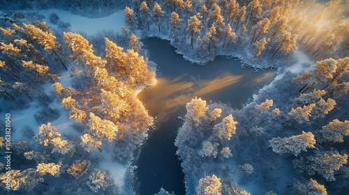 Snow-covered forests and lakes glow in the golden light of the setting sun over Lapland, creating a picturesque winter wonderland. photo