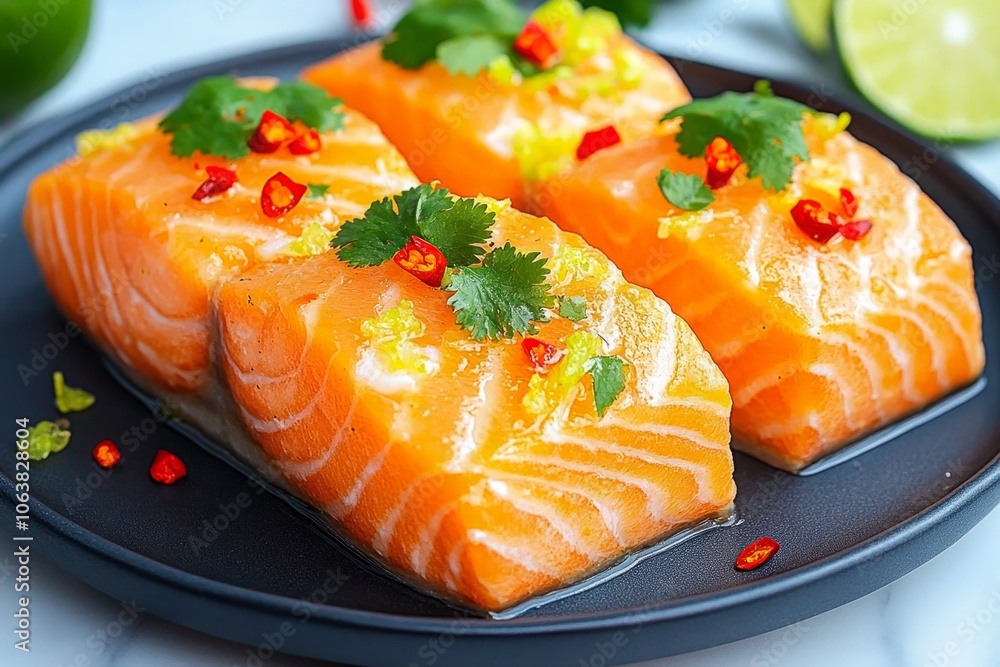 Salmon marinating in a spicy chili-lime sauce, with bright red chili flakes and lime zest adding color and heat Salmon marinating in a spicy chili-lime sauce, with bright red chili flakes and lime zest adding color and heat