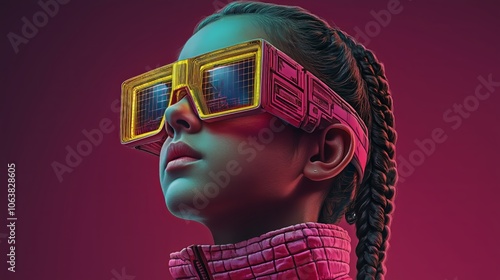 Futuristic neon fashion: young woman in retro sci-fi glasses photo