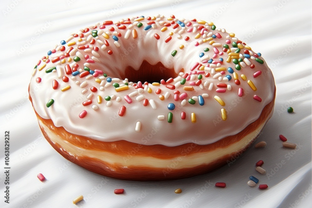 Simple drawing of a frosted doughnut with colorful sprinkles, on a white background, capturing a playful craving for sweets Simple drawing of a frosted doughnut with colorful sprinkles, on a white background, capturing a playful craving for sweets