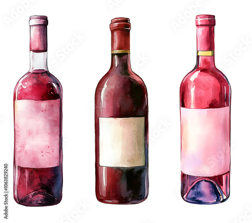 Wine bottles set watercolor clipart isolated photo