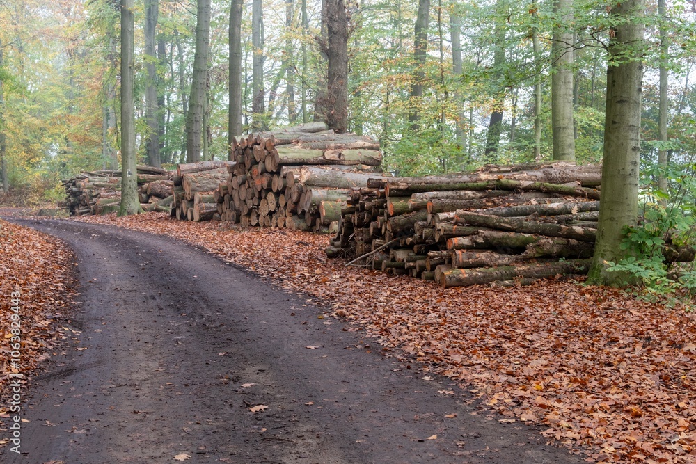 Fototapeta premium Stacked logs beside dirt road in autumn forest