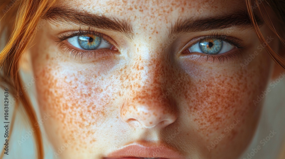 A young woman gazes directly at the viewer, her vibrant blue eyes shining brightly. Freckles adorn her face, emphasizing her unique and captivating features, highlighting natural beauty. A young woman gazes directly at the viewer, her vibrant blue eyes shining brightly. Freckles adorn her face, emphasizing her unique and captivating features, highlighting natural beauty.