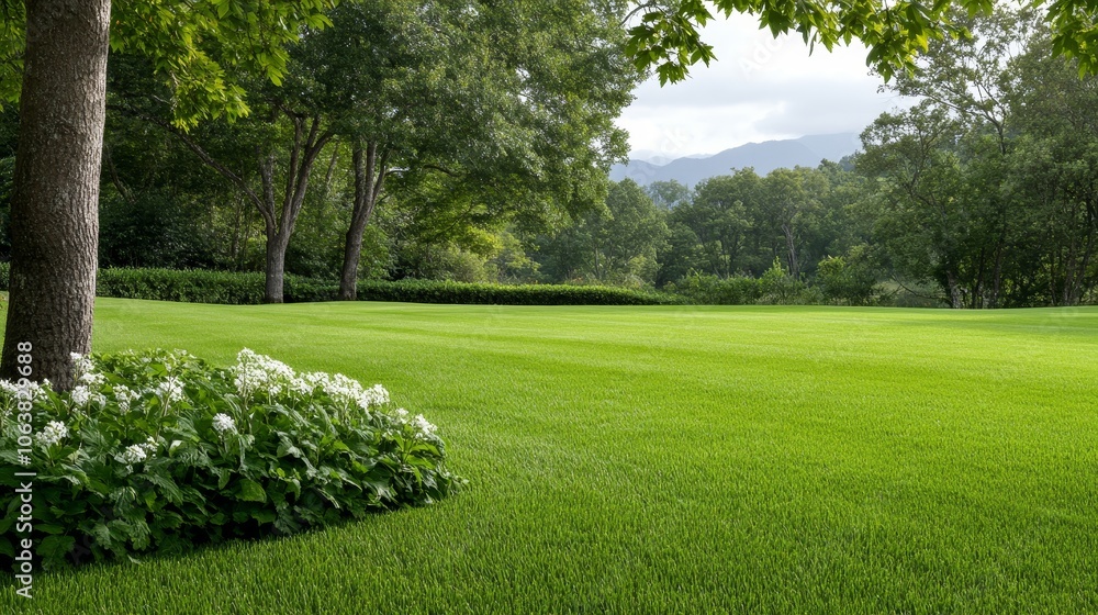 Fototapeta premium A tranquil English-style garden with lush green grass, blooming white flowers, and a breathtaking view of rolling hills in the distance. This idyllic scene evokes feelings of peace and tranquility, ma