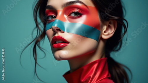 Woman adorned with a tape design on her face, creating a striking visual and high-fashion statement.