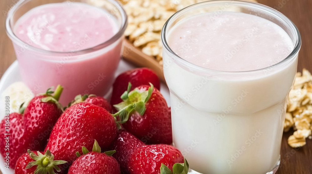 Refreshing strawberry and vanilla yogurt smoothies served in glasses with fresh strawberries and oats, perfect for healthy breakfast or snack concepts.
Refreshing strawberry and vanilla yogurt smoothies served in glasses with fresh strawberries and oats, perfect for healthy breakfast or snack concepts.