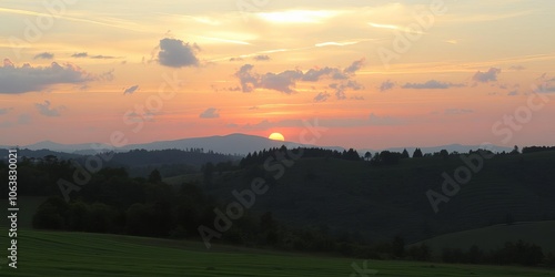 A breathtaking view of a lush green valley surrounded by majestic snow-capped mountains, sunrise, mountains