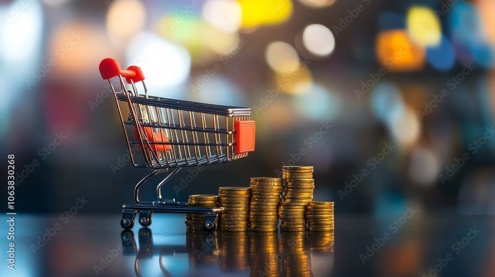 Shopping cart and stack of coins representing growth, sales increase, financial success, e-commerce, and business growth. Shopping cart and stack of coins representing growth, sales increase, financial success, e-commerce, and business growth.