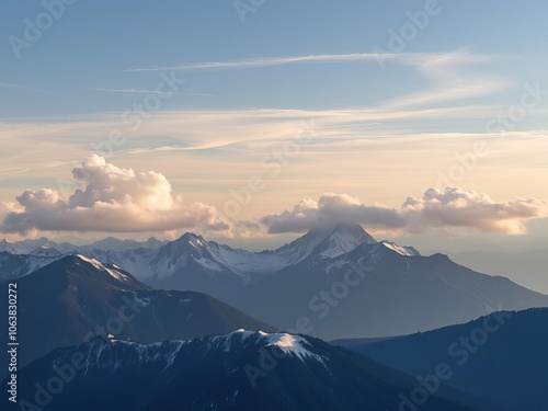 A breathtaking panoramic view of snow-capped peaks towering over a lush valley, valley, mountains