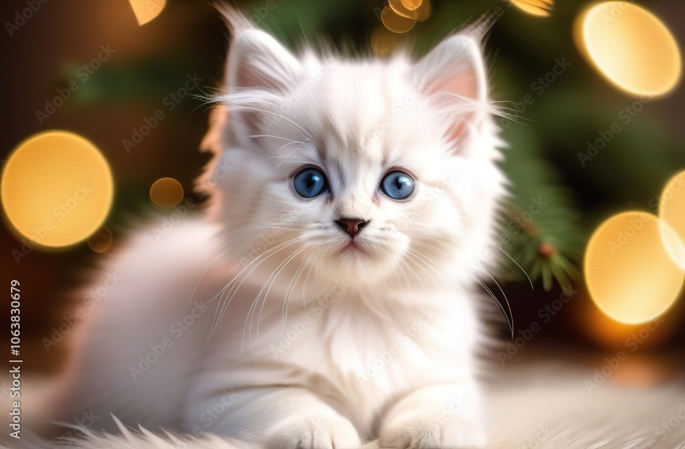 A Christmas card. A beautiful little kitten is sitting looking at the camera. Blurred highlights in the bokeh style are visible in the background. Christmas. New Year's mood. The Christmas cat. A Christmas card. A beautiful little kitten is sitting looking at the camera. Blurred highlights in the bokeh style are visible in the background. Christmas. New Year's mood. The Christmas cat.