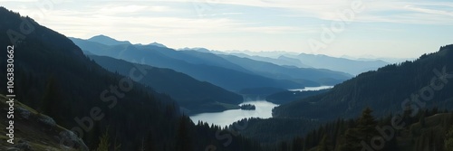 A breathtaking mountain landscape with rolling hills and a serene lake reflecting the sky above, nature, scenic