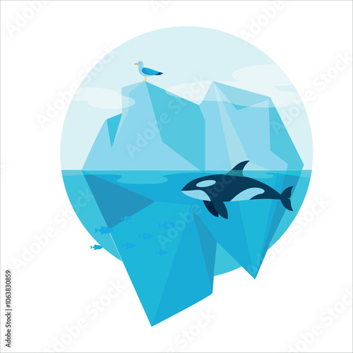 Iceberg. Ice. Orca whale. Fish. Sea animals. The icy ocean. Arctic. Glacier. Antarctica. Polygonal illustration on a white background. Vector