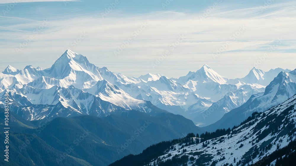A breathtaking landscape of majestic snow-capped mountains against a vibrant blue sky, adventure, peaks A breathtaking landscape of majestic snow-capped mountains against a vibrant blue sky, adventure, peaks