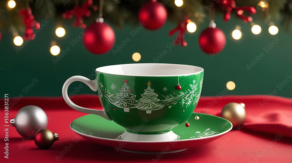 Fototapeta premium Beautiful Christmas winter hot green teacup standing on a red tablecloth with ornaments background.