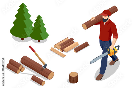 Isometric lumberjack male character holding an electric saw and wood log. The strong lumberjack carrying a piece of wood on his shoulder