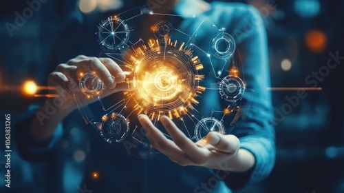 Illustration of a businessman or engineer showing the gears driving technology and online network innovation, social development background