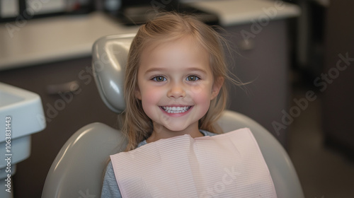 Cute Girl Smiling in Dentist Chair Awaiting Checkup photo