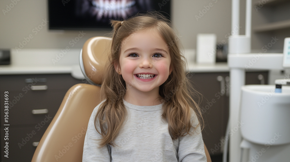 Cute Girl at Dentist Office Showing Bright Smile and Milk Teeth Cute Girl at Dentist Office Showing Bright Smile and Milk Teeth