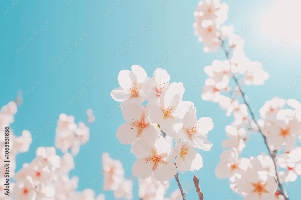 Fototapeta premium 青空の下で咲く春の桜の花々が美しい日差しに照らされる情景