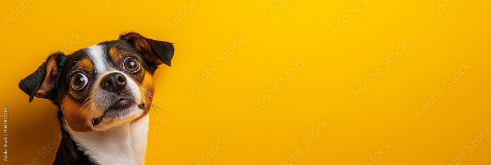A funny portrait of a dog looking stressed with big eyes and a concerned expression, against a bright yellow background. This image evokes feelings of amusement, stress, and pet companionship. A funny portrait of a dog looking stressed with big eyes and a concerned expression, against a bright yellow background. This image evokes feelings of amusement, stress, and pet companionship.