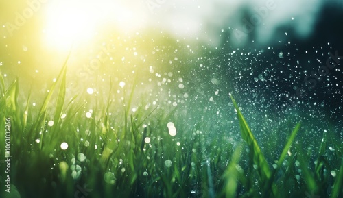 朝の光の中で霧雨に濡れた緑の草原、自然の美しさが広がる瞬間 photo