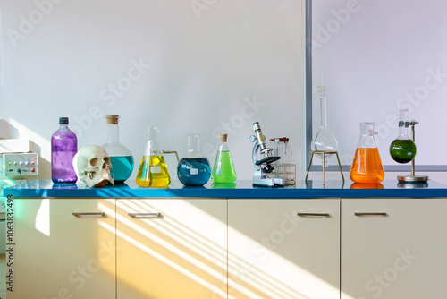 A human skull model, surrounded by scientific equipment, including glass flasks and a microscope. The clasroom is modern,  scientific atmosphere. Ideal for use in educational and  scientific contexts photo