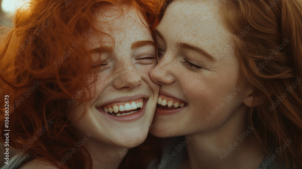 A joyful moment of a red-haired person being kissed on the cheek by a friend A joyful moment of a red-haired person being kissed on the cheek by a friend