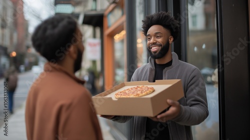 courier handing over a pizza box to a customer with a smile