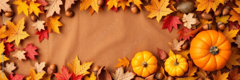 A beautiful autumn wallpaper with a warm color palette featuring fallen leaves, pumpkins, and acorns, outdoor, acorns A beautiful autumn wallpaper with a warm color palette featuring fallen leaves, pumpkins, and acorns, outdoor, acorns
