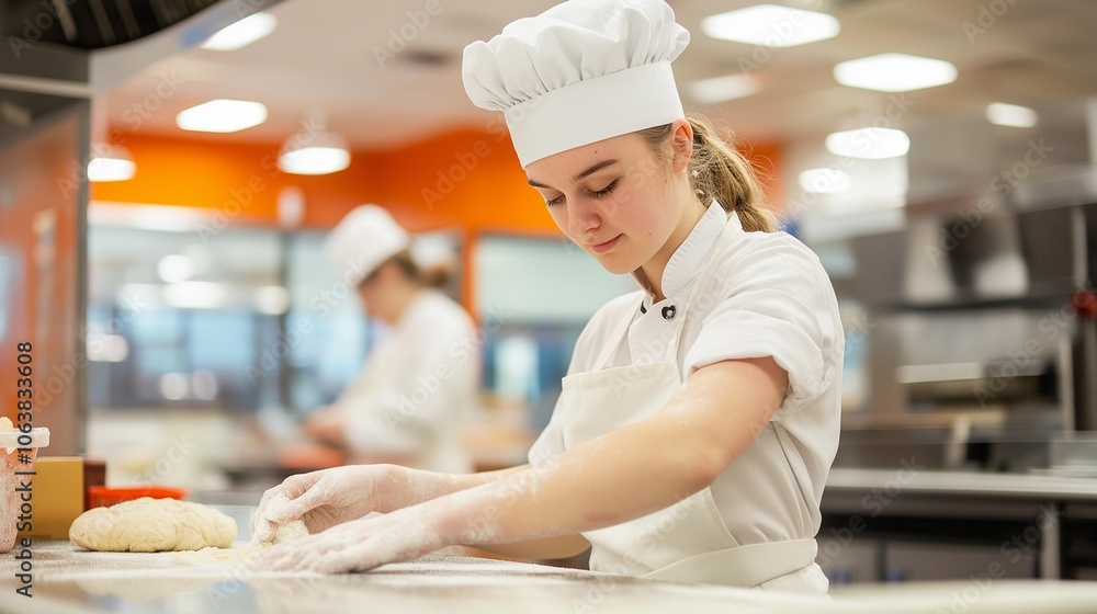 culinary student kneading dough in a brightly lit, modern kitchen classroom culinary student kneading dough in a brightly lit, modern kitchen classroom