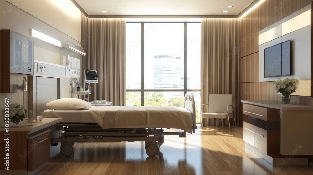 Explore the modern design of a hospital patient room with natural light Explore the modern design of a hospital patient room with natural light