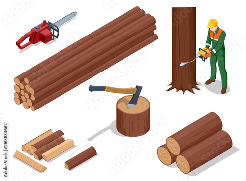 Isometric lumberjack male character holding an axe and wood log. Woodcutter saws tree with chainsaw on sawmill. Firewood processing