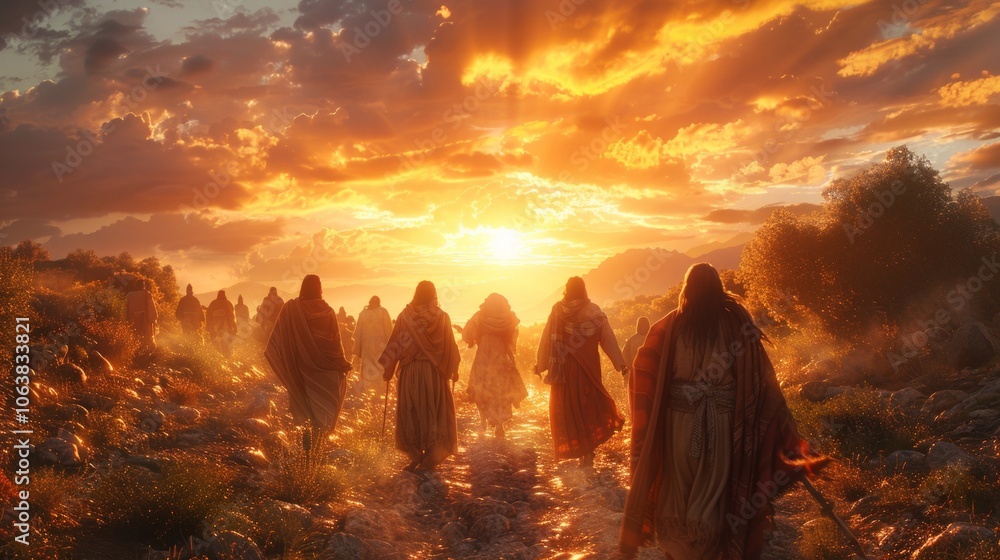 professional illustration Jesus greets individuals various nations as they approach all directions enveloped radiant sunset colors ethereal setting. professional illustration Jesus greets individuals various nations as they approach all directions enveloped radiant sunset colors ethereal setting.