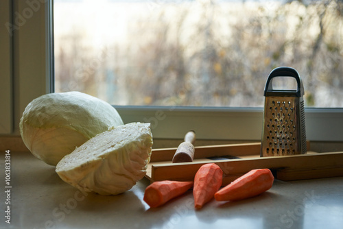 Shredding cabbage and carrots for making sauerkraut at home. Prepared vegetables, vegetable chopper and grater on the table by the window. photo