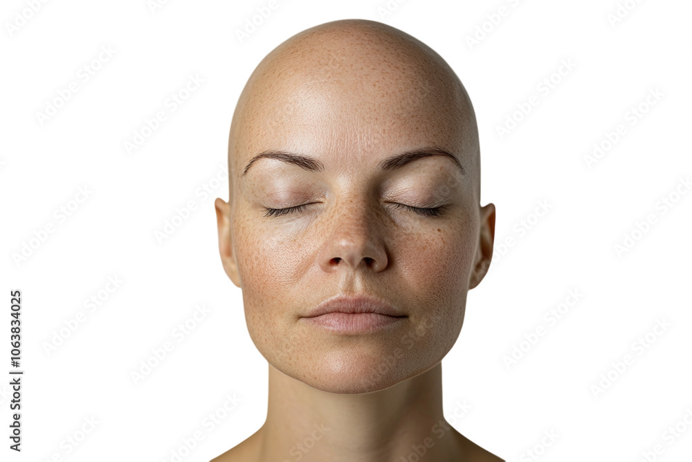 Bald woman with serene expression, eyes closed, head tilted upward, white background. PNG transparent. Bald woman with serene expression, eyes closed, head tilted upward, white background. PNG transparent.